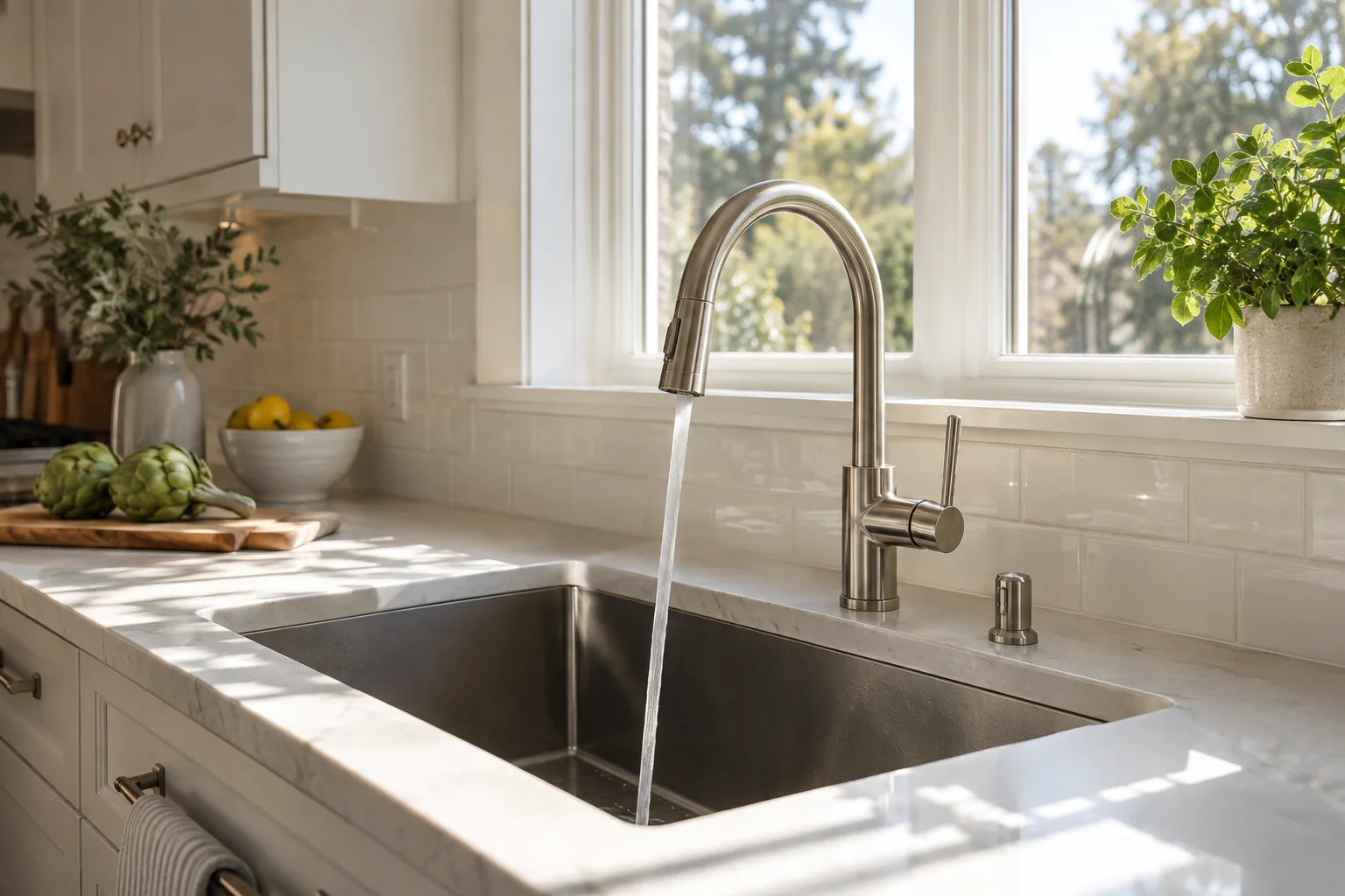 Finished kitchen sink with a new brushed-steel faucet running clear water.