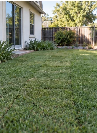 Finished yard: the lawn restored after a sewer repair, no sign of the trench.