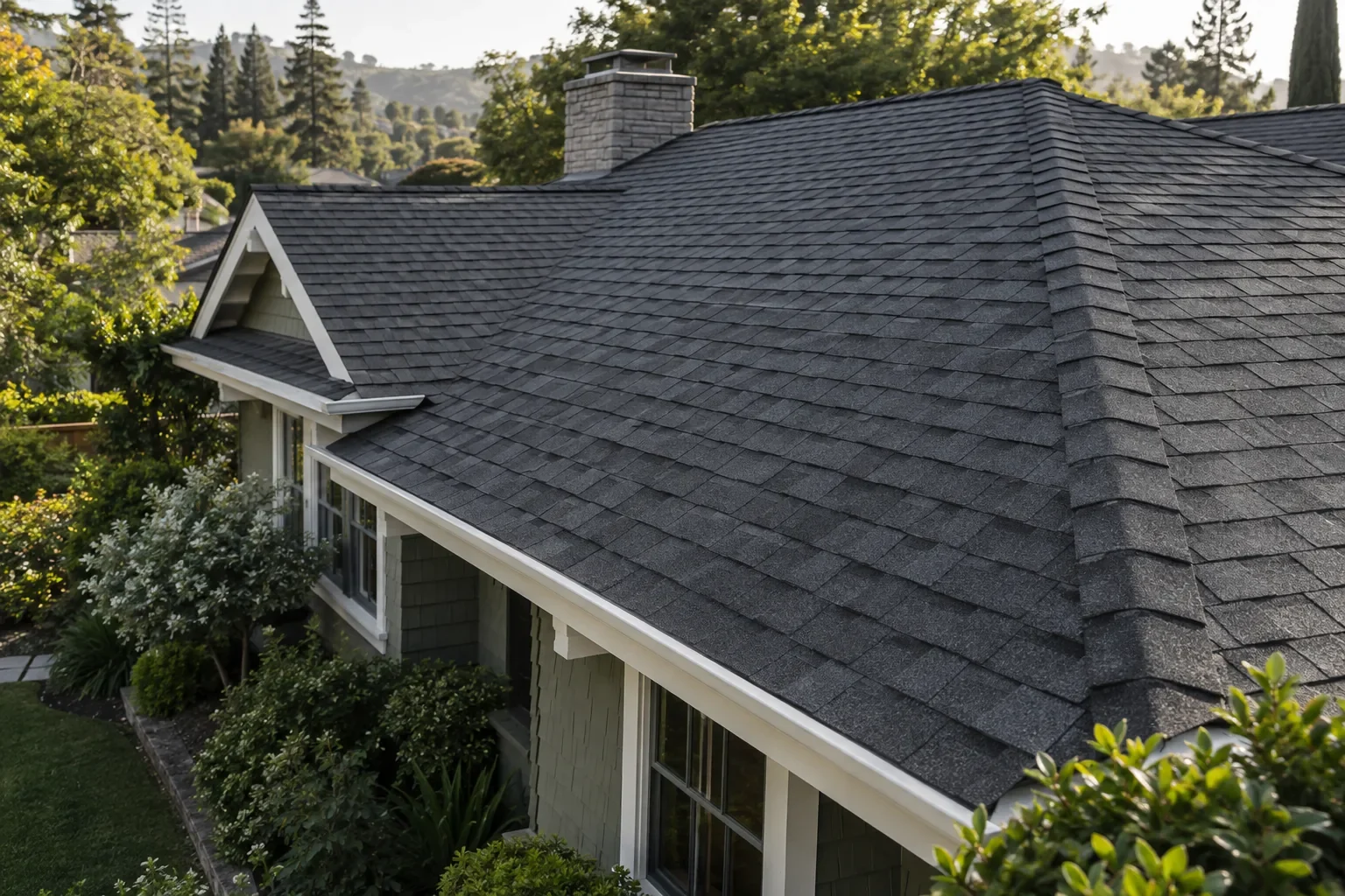 A hipped roof in charcoal architectural shingles over a craftsman house with white trim