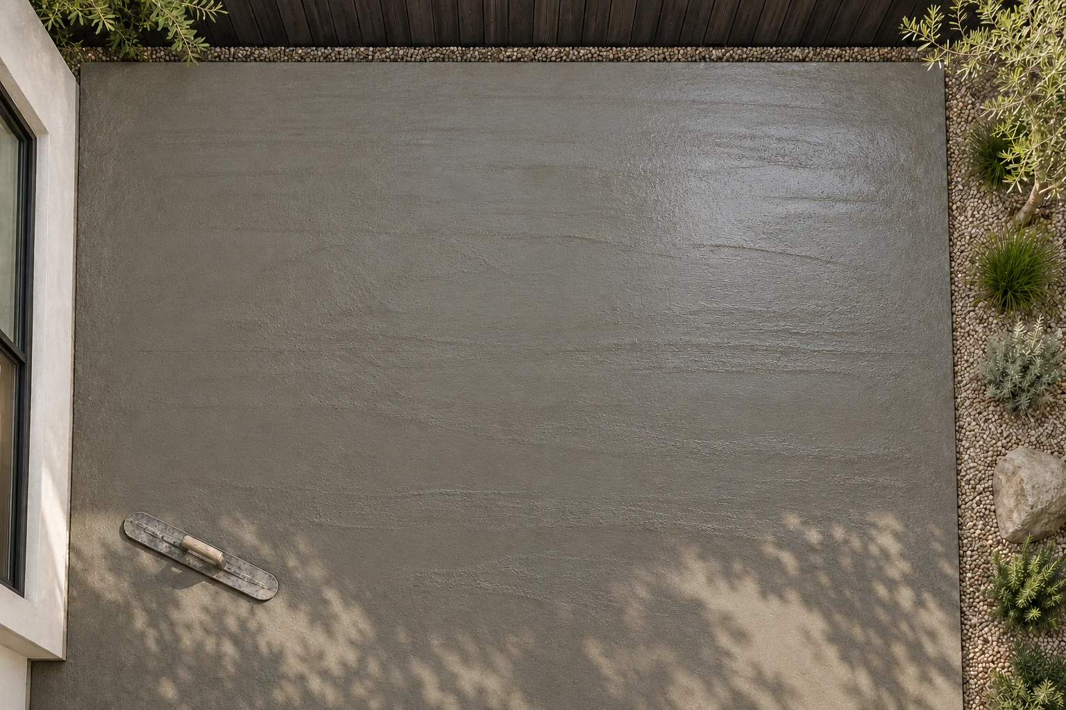 Berryessa utility slab freshly placed, with a float resting on the wet surface