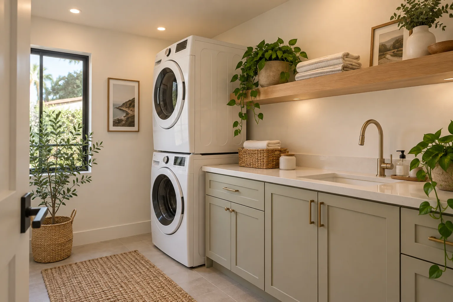 A finished laundry room with a stacked washer and dryer, an oak shelf, a sink and warm recessed lighting.