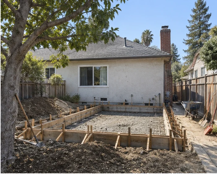 Willow Glen addition, protection and layout: Patio lifted, beds covered, footings marked out.