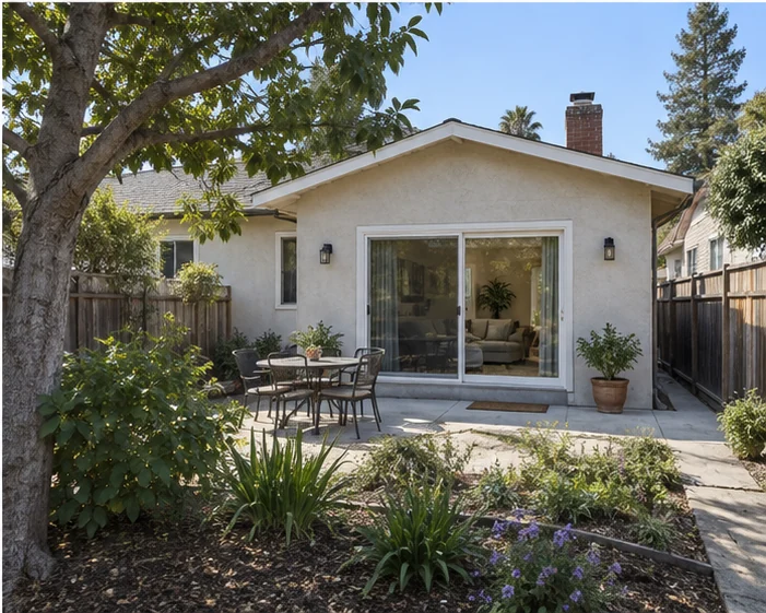 A finished rear addition with new sliding doors opening onto a patio.