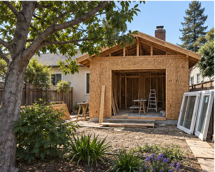 Willow Glen addition, closed in: Wrap, windows and slider in. Electrical and HVAC rough-in behind.