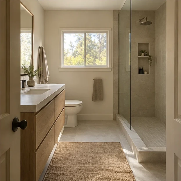 A finished bathroom with a walk-in shower and wood vanity.