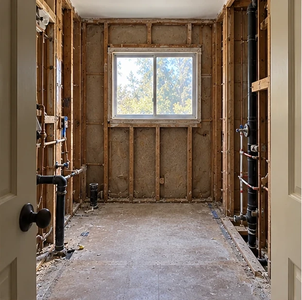 Rose Garden bath, rough-ins: Drain moved to the wall, valve set, fan ducted.