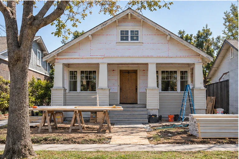 Evergreen exterior, siding and windows: Rotted boards replaced, windows set, house wrapped.