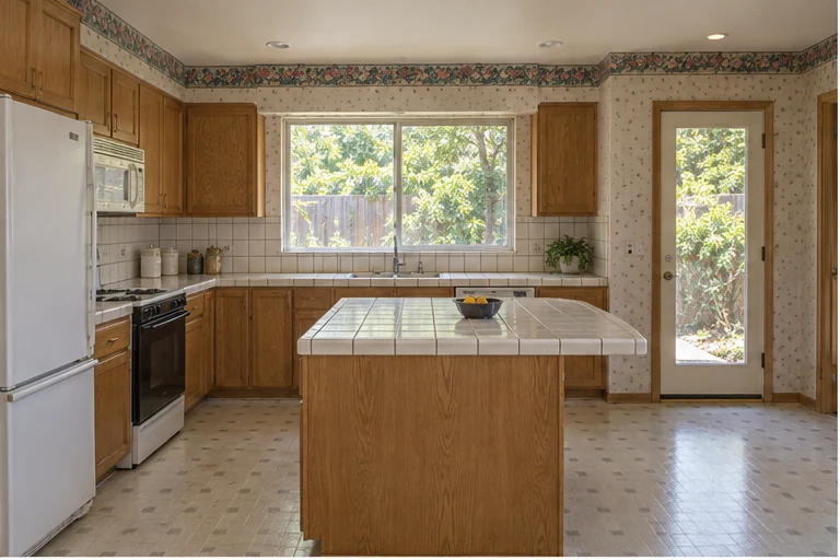 The same kitchen before the remodel: honey-oak cabinets, a tiled peninsula, vinyl floor and a white fridge.