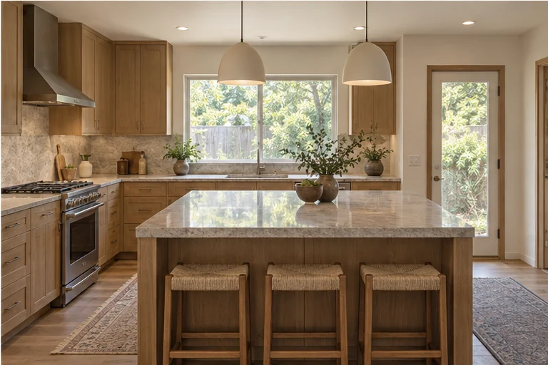 A finished white-oak kitchen with an island and pendant lights.