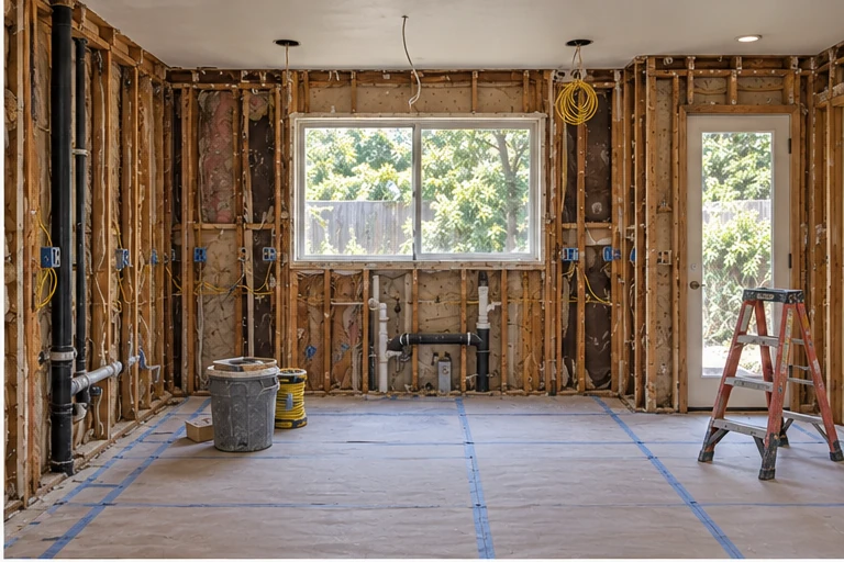 Almaden kitchen, opened up: Peninsula and old cabinets out, walls to the studs.