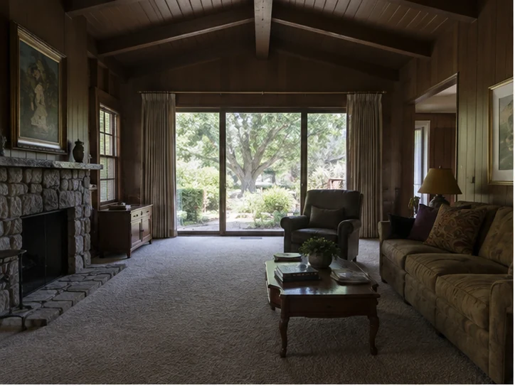 The same living room before the remodel: dark wood panelling, brown carpet, heavy curtains and the original stone fireplace.