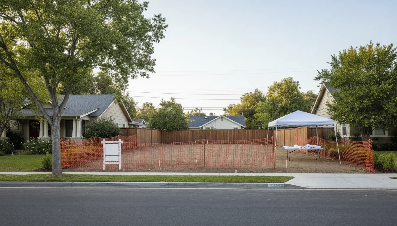 The same lot before the build: graded dirt, stakes and a site sign.