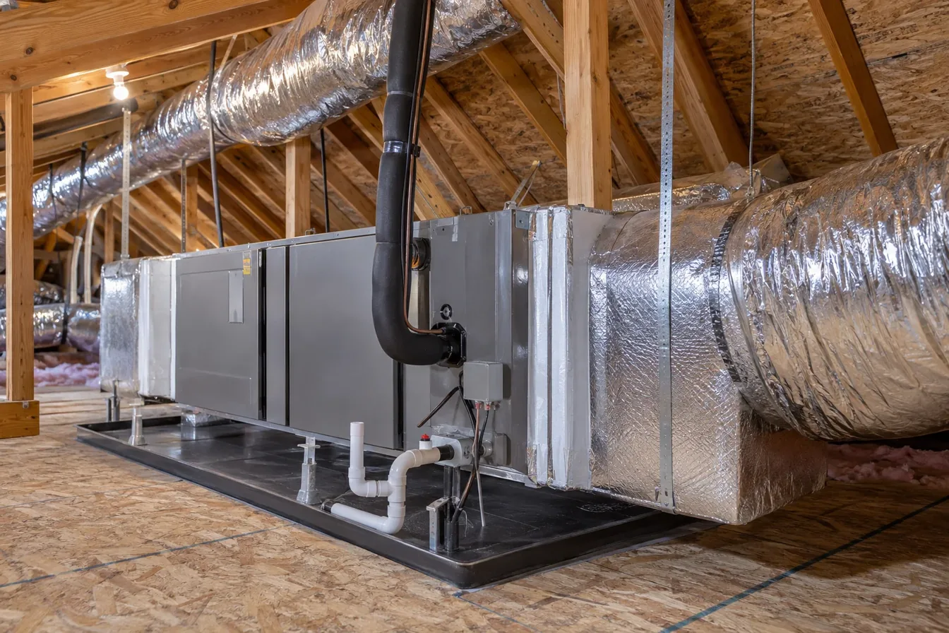 A new air handler on a level platform in a clean attic, bright insulated flex ducts running to the trunk, drain lines in place.