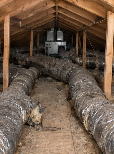 Forty-year-old attic ducts, replaced in two days: stage 1, before.