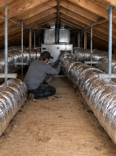 Forty-year-old attic ducts, replaced in two days: stage 6, connect.