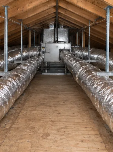 A clean attic with bright new insulated flex ducts running from a central plenum along a plywood walkway.