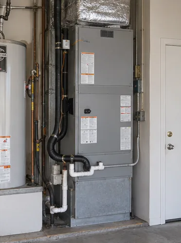A new gray two-stage furnace standing in a garage closet beside a water heater, black flue and white condensate line neatly run.
