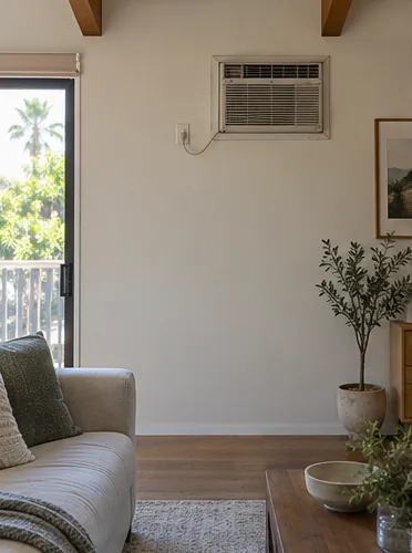A window unit gone, a ductless head in its place: stage 1, before.