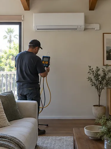 A window unit gone, a ductless head in its place: stage 7, commission.