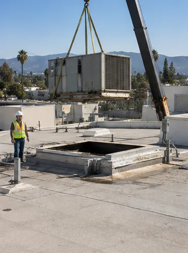 A fourplex rooftop unit, craned and commissioned: stage 3, remove.
