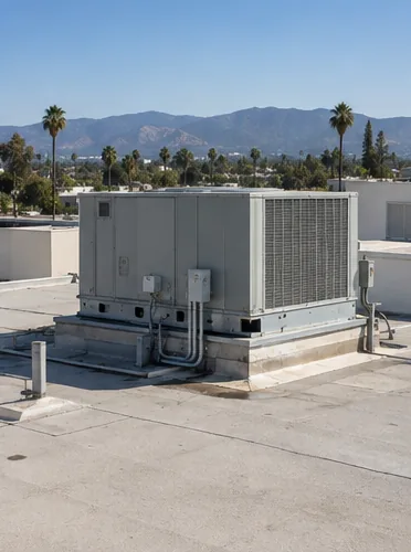 A new gray rooftop package unit on a curb atop a flat white roof, conduit and gas line neatly connected, hills on the horizon.