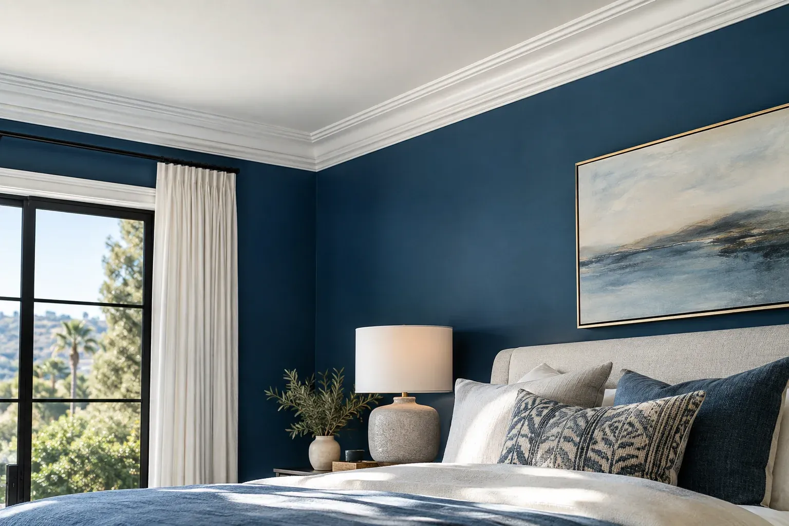 A finished bedroom with harbor navy walls and white crown molding.