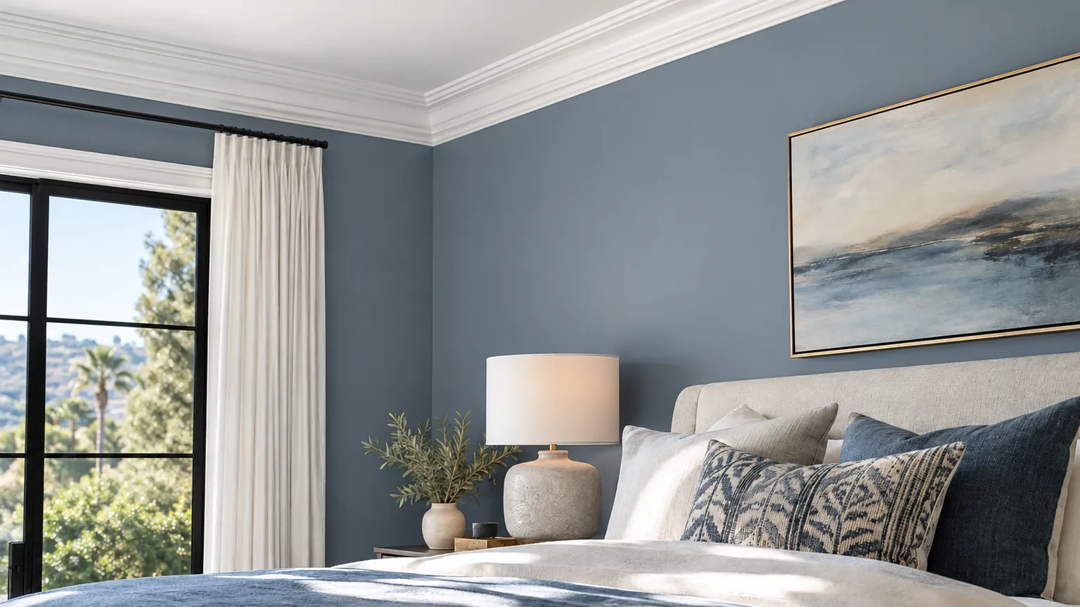 The same bedroom before: pale slate-blue walls, same bed, lamp and window.
