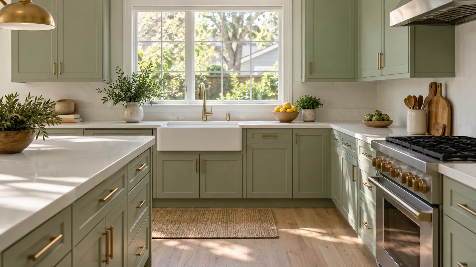 A finished kitchen with sprayed sage-green cabinets and brass handles.