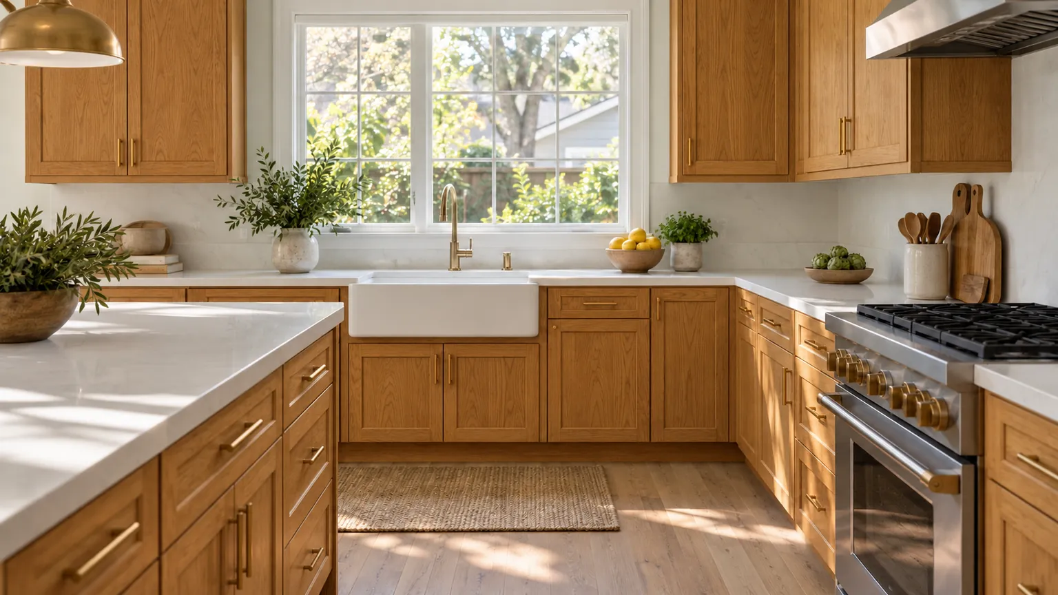 The same kitchen before: honey-oak cabinets, same counters, floor and window.