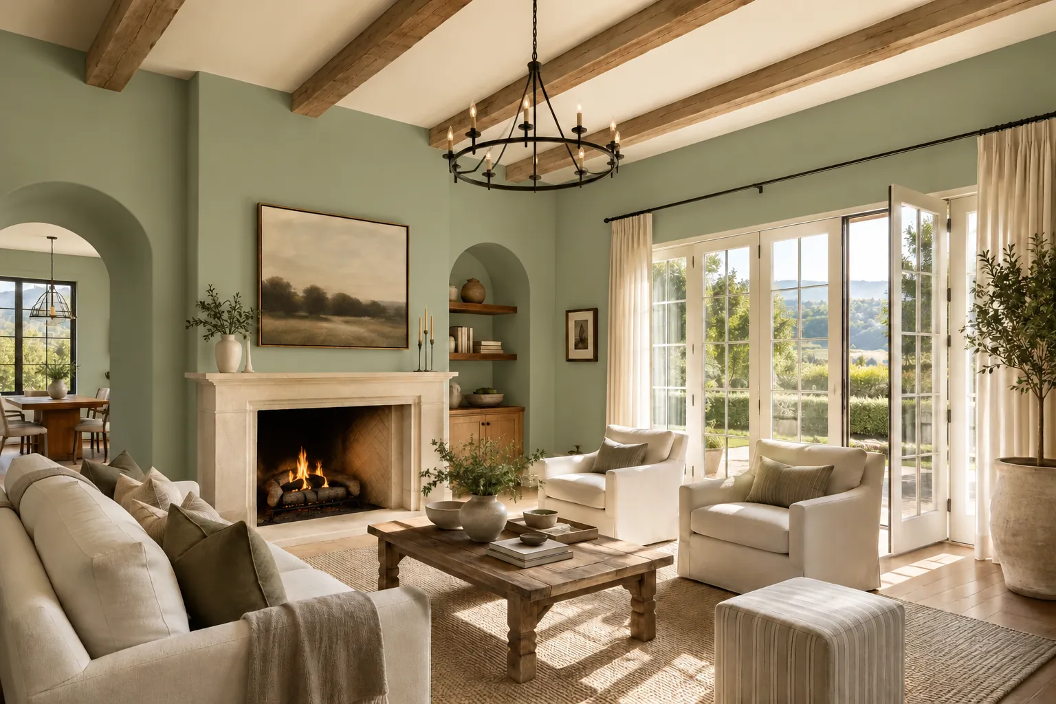 A finished living room painted sage with a stone fireplace and French doors.