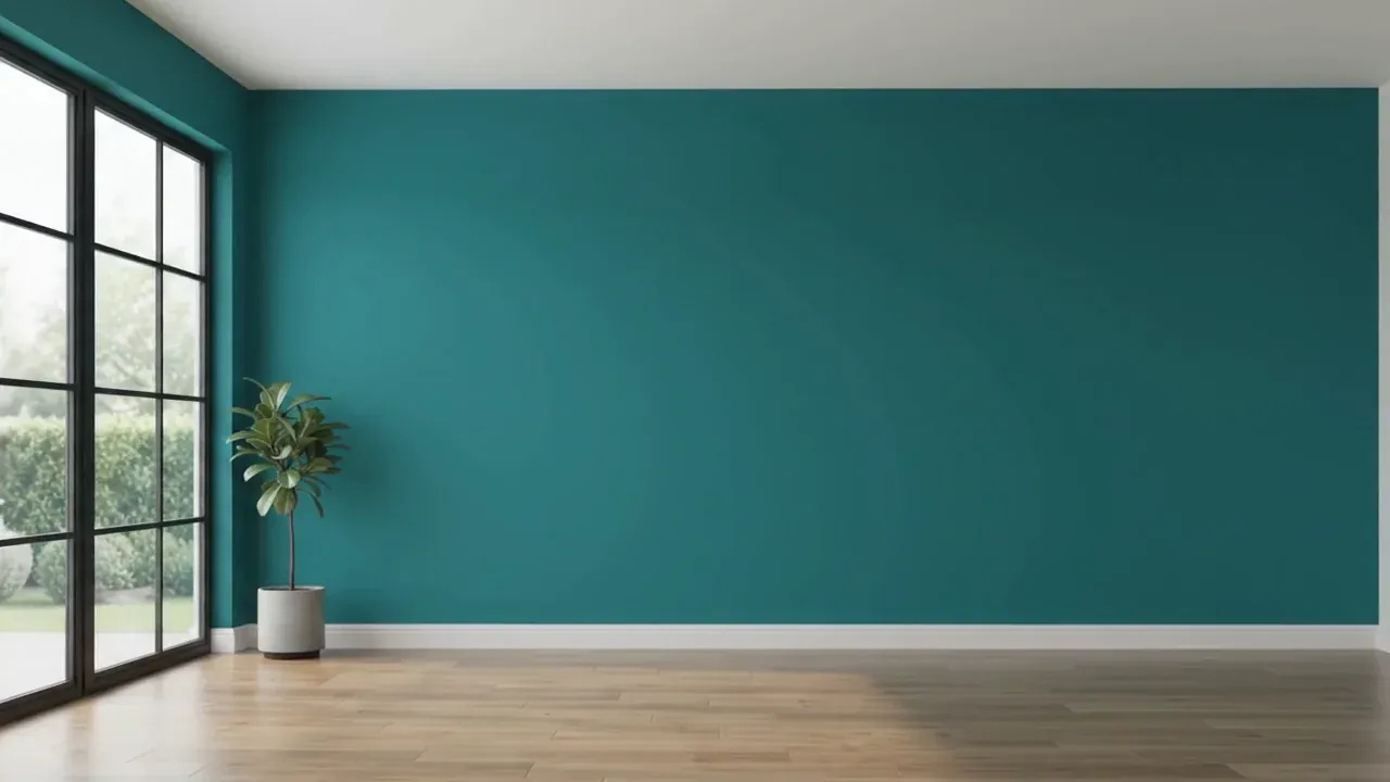 A finished study with a deep teal feature wall and black steel windows.