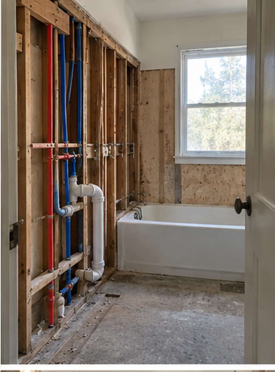 New PEX hot and cold lines, ABS drain and vent, and the shower valve set to the tile plan in the Niles hall bath.