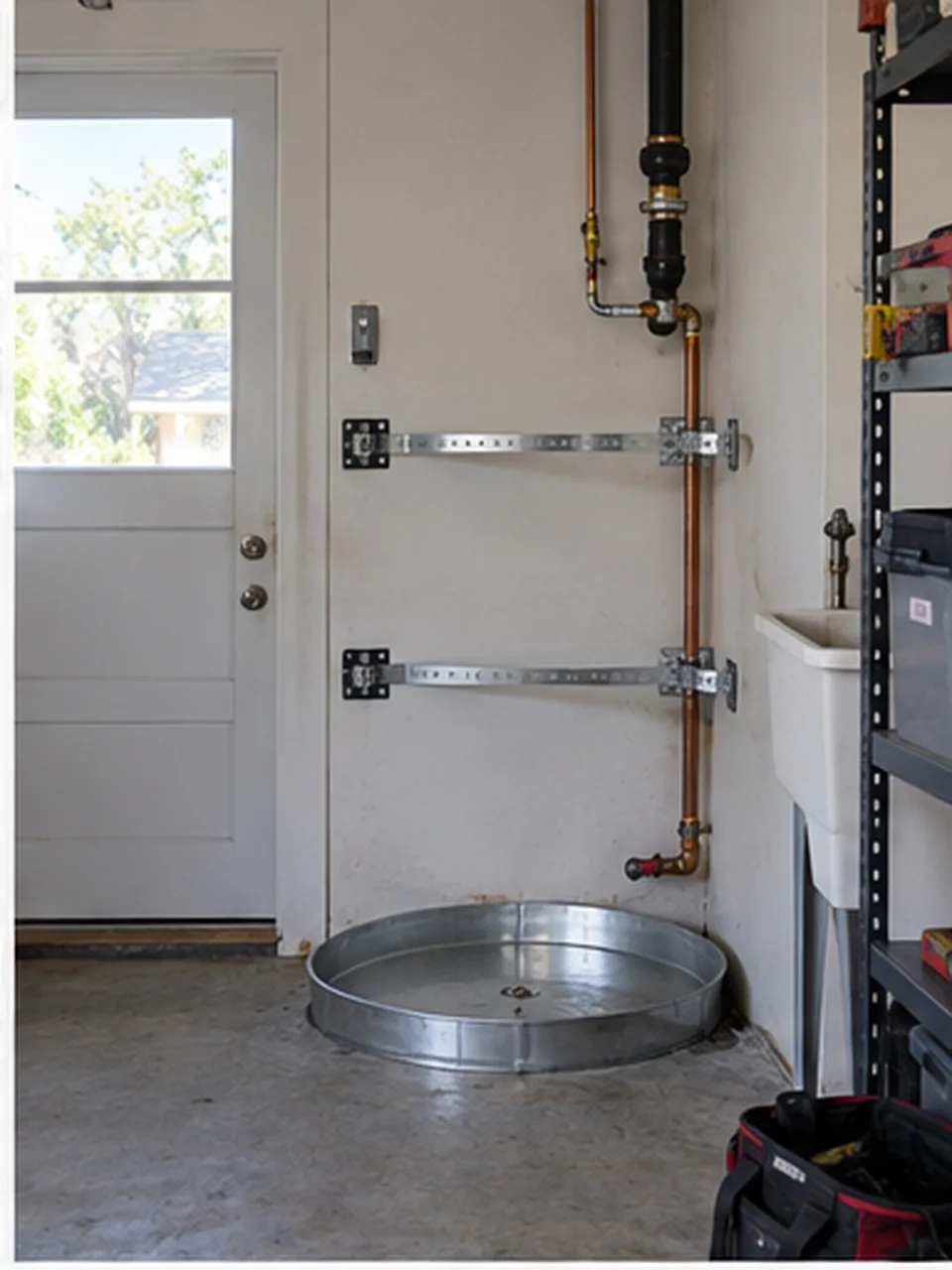 Mission San Jose water heater, Out and prepped: Old tank out, wall cleaned, new pan and straps marked on the studs.