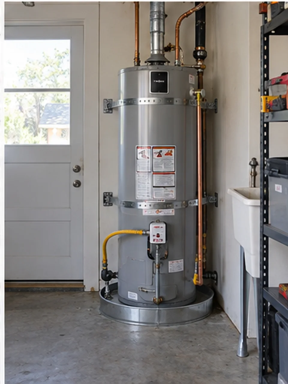 A new 50-gallon gas water heater in a garage, strapped, with a drip pan and new flex lines.