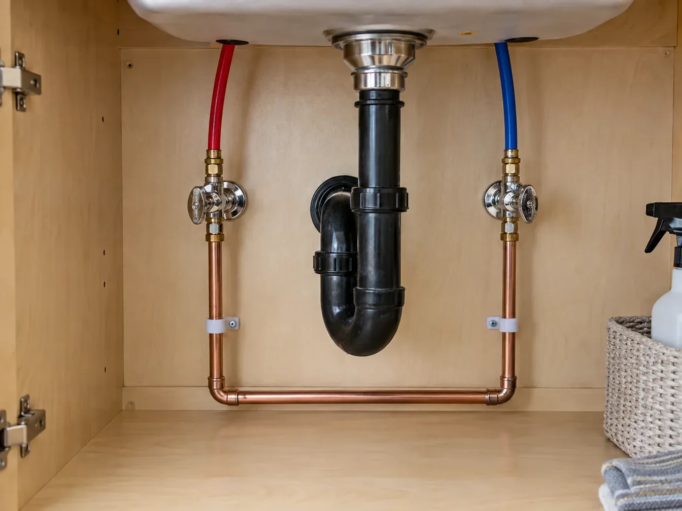 Under a kitchen sink: new copper supply lines, chrome stop valves and a black drain trap, neatly run.