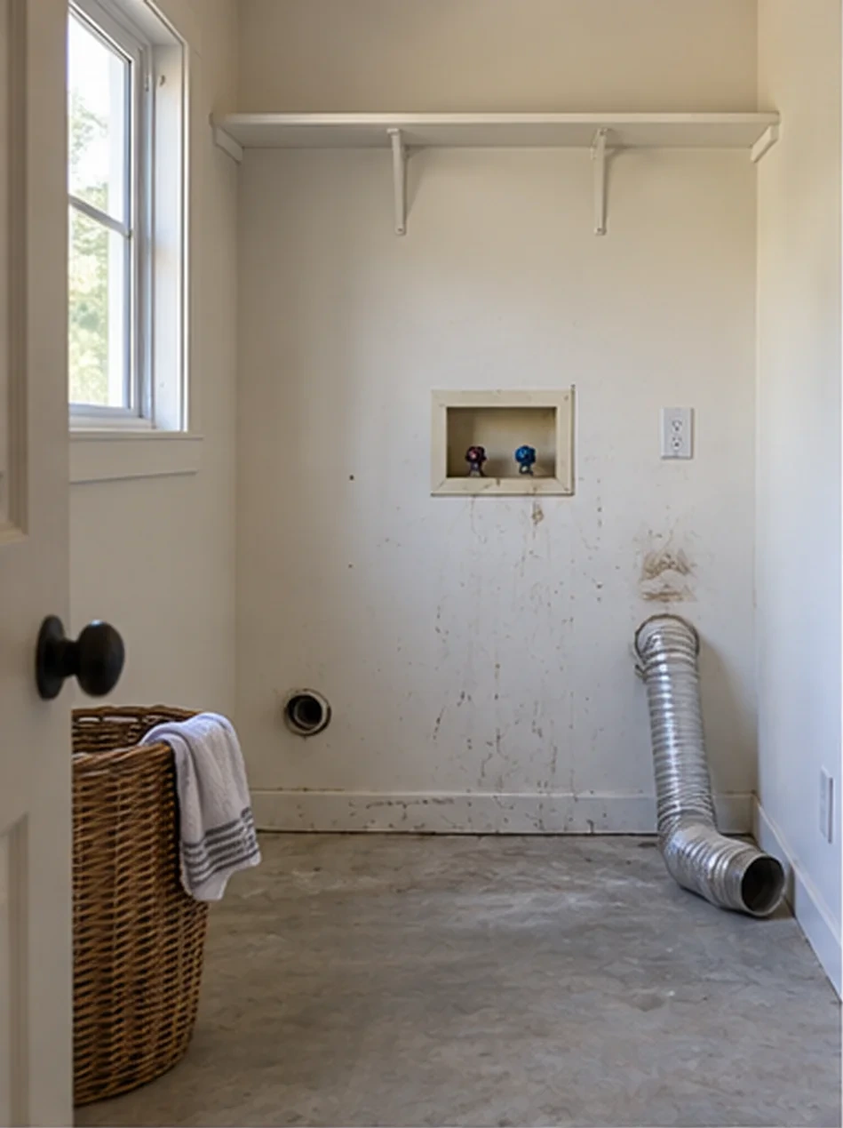 The same laundry room before: bare walls, a surface-mounted drain hose and old stub-outs.