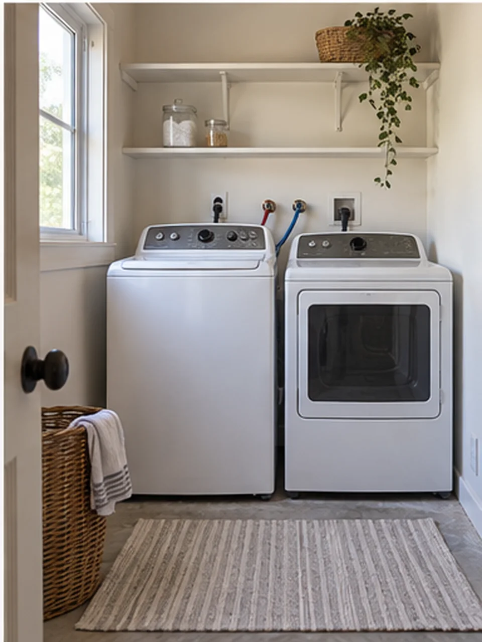 A finished laundry room with a new washer box, shelves and a plant on the sill.
