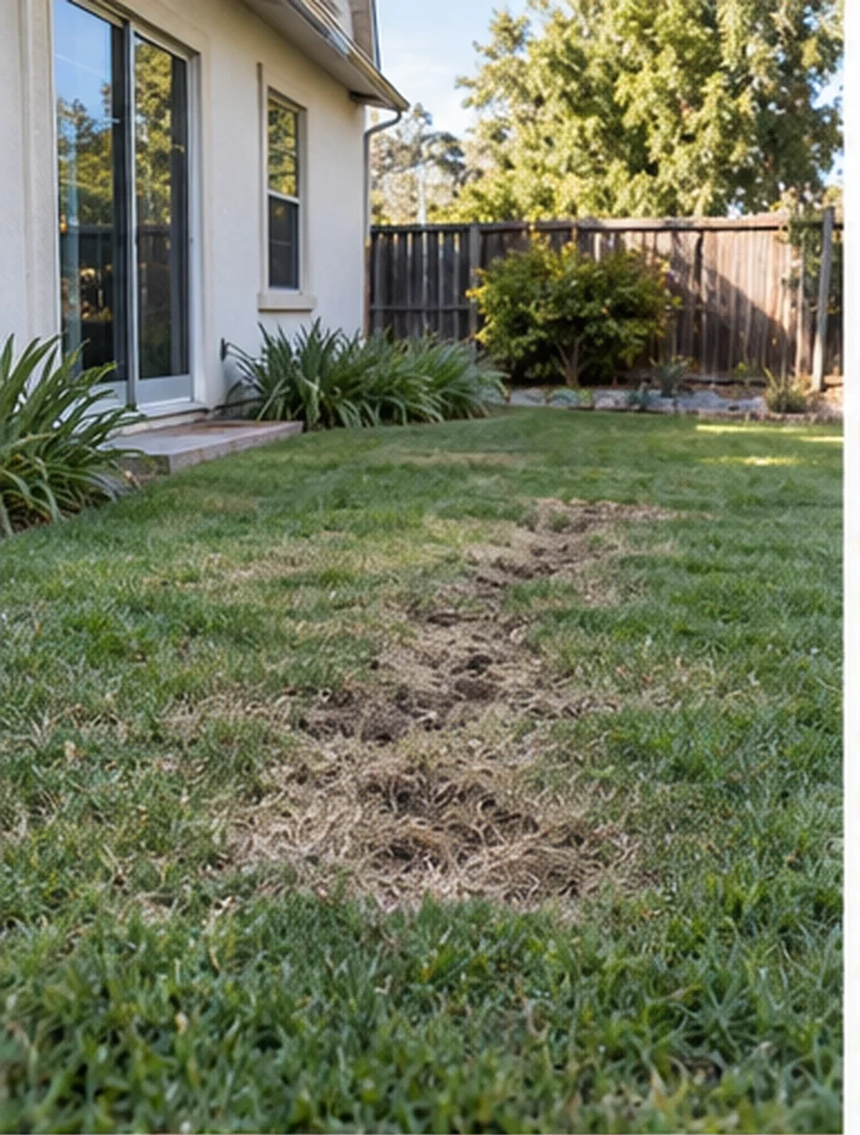 The same backyard before: a lawn with a line of dead grass where the sewer runs and a wet patch near the house.