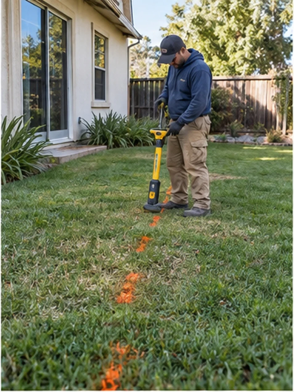Ardenwood sewer lateral, Located: Lateral traced with a sonde, roots and the belly marked on the lawn.