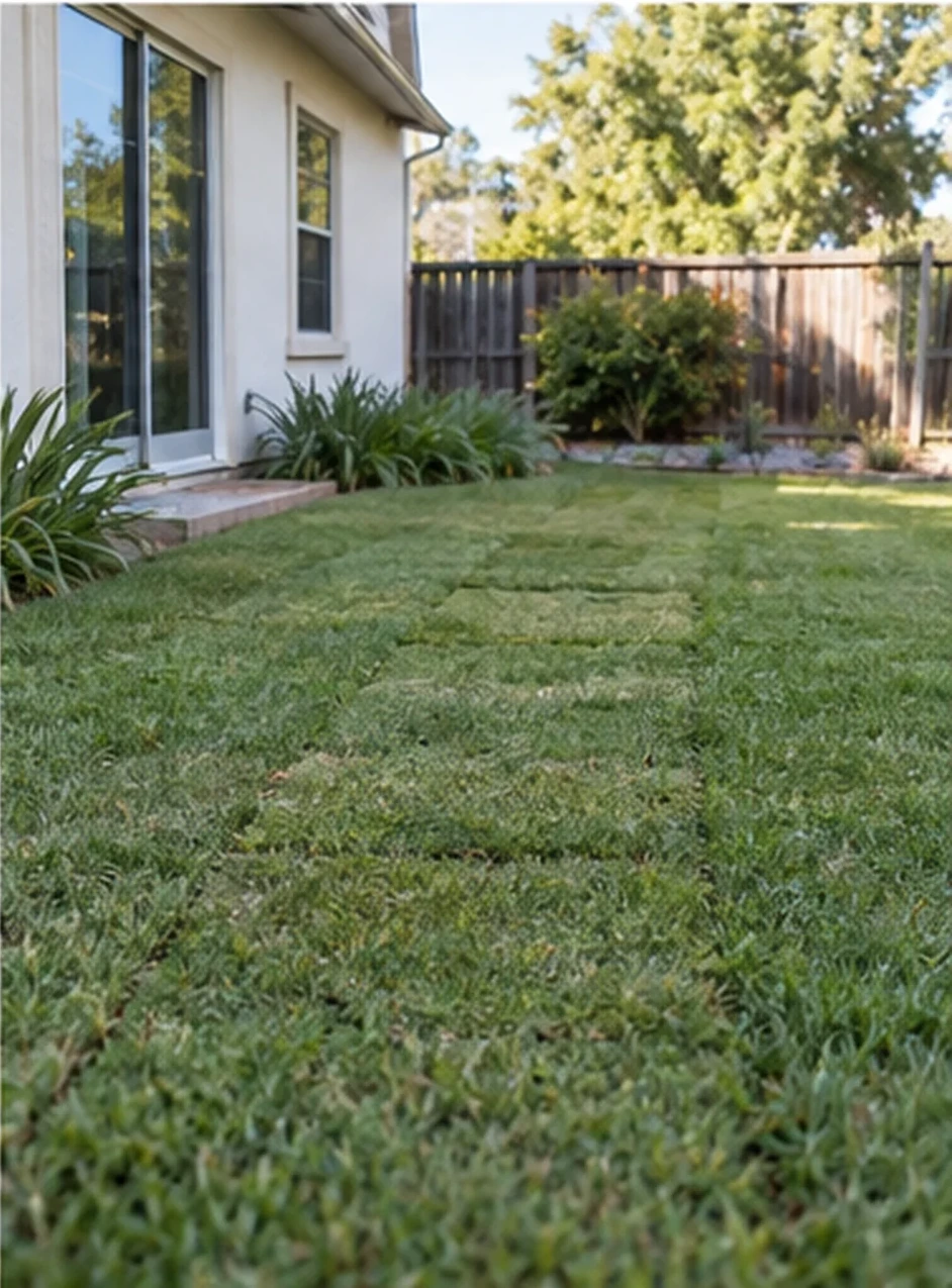 A restored backyard lawn in Ardenwood after a sewer lateral replacement.