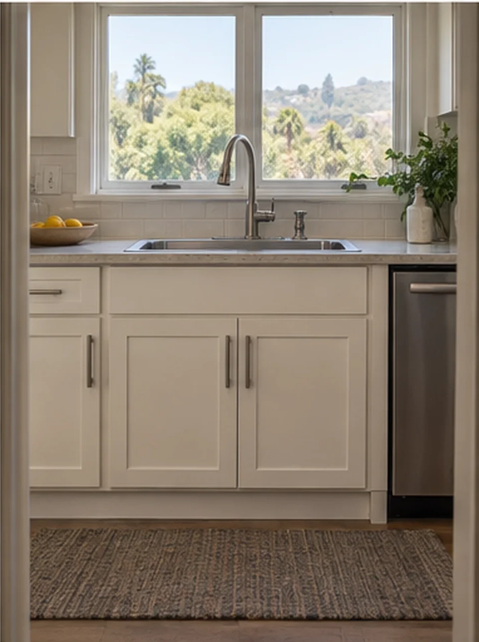 A finished kitchen sink with a new pull-down faucet and a clean cabinet below.