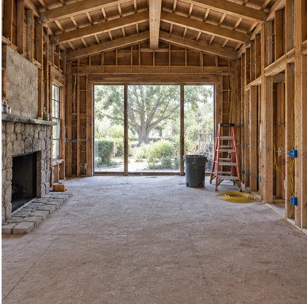 Los Altos great room opened to the framing, with a stone fireplace and garden doors
